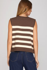 SK110R17 Sleeveless Stripe Sweater w/side Gold Buttons