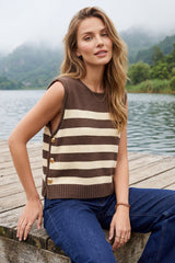 SK110R17 Sleeveless Stripe Sweater w/side Gold Buttons