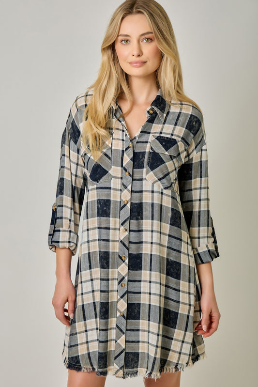 Rolled Washed Plaid Dress