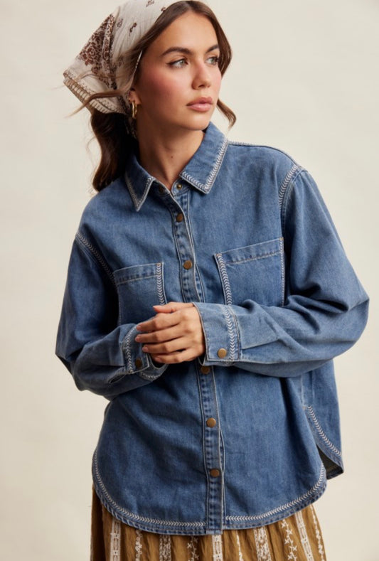 LT148S30 Embroidered Denim Shacket
