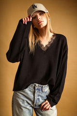 MM743T22 Lace V-neck Knit Top