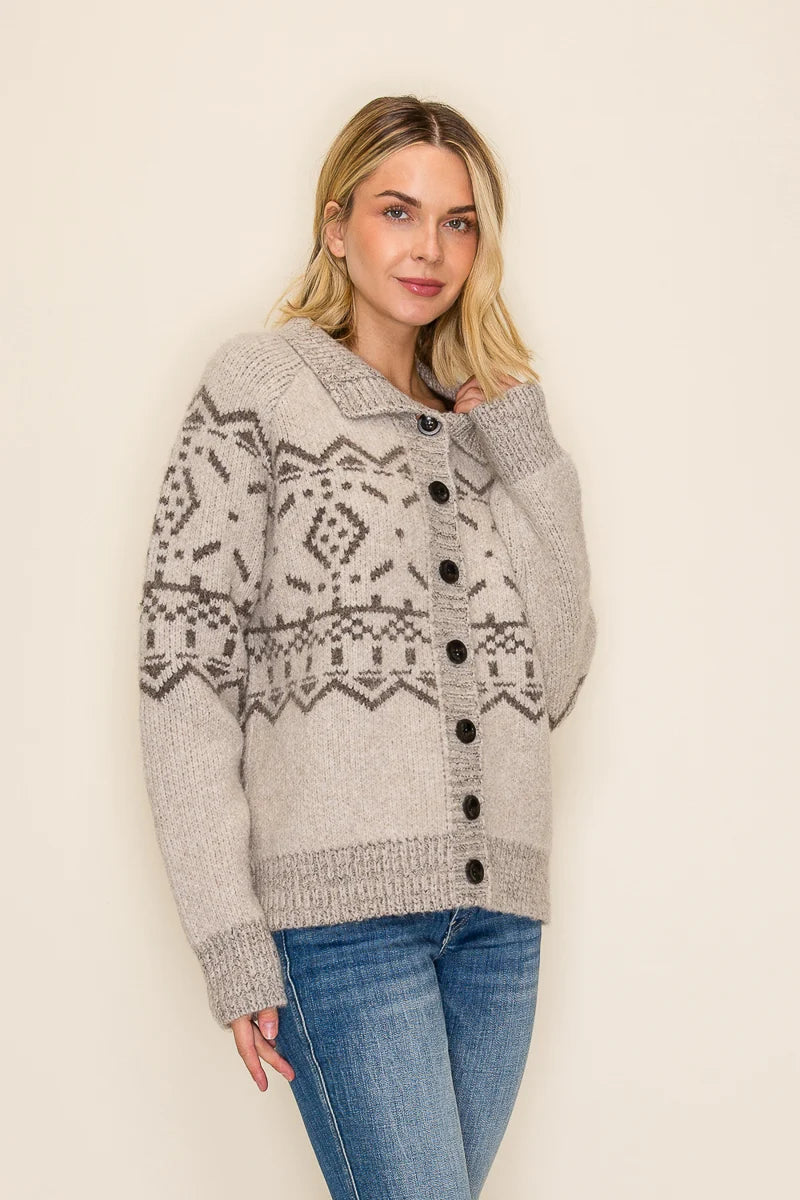 IW54005 Button Front Fair Isle Sweater