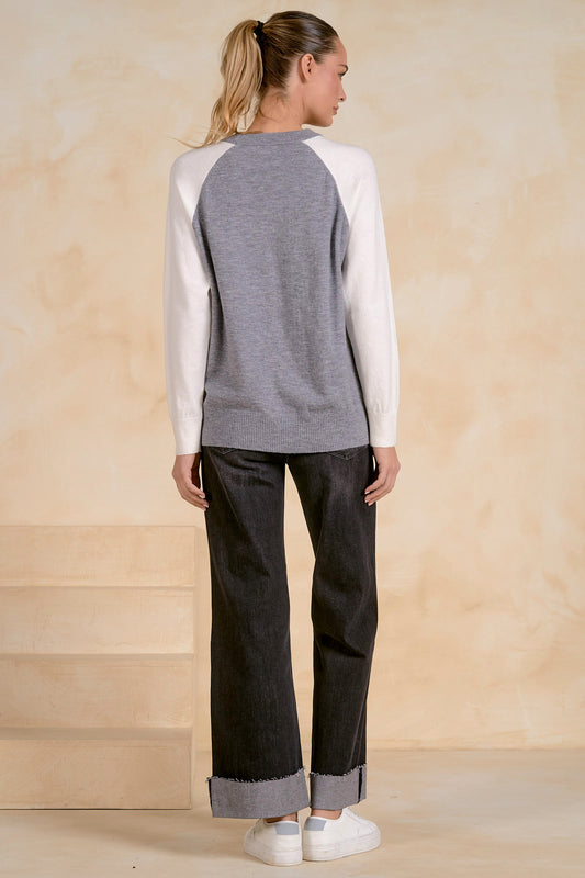 EL114B32 Color Block Crewneck Sweater